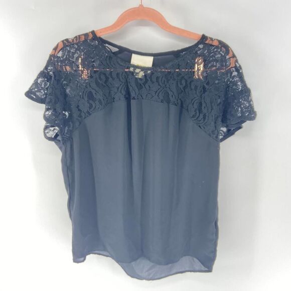 Anthropologie Maeve Black Silky Lace shoulder crew neck Top blouse womens xs - Picture 2 of 5